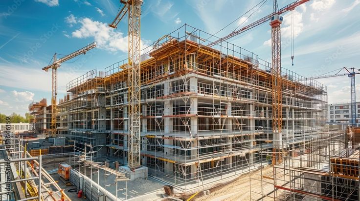 wide angle view of a large commercial building under construction with scaffolding and cranes